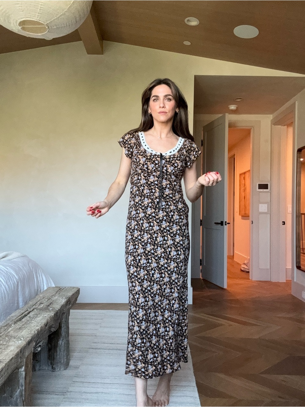 Wayf Black and Cream Floral Scoop-Neck Maxi Dress
